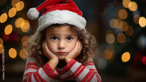 christmas, holidays and people concept - sad little girl in santa helper hat over living room background