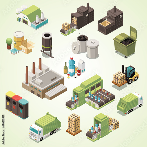isolated isometric garbage recycling icon set with separate recycle bag waste baskets different factory illustration 3d photo