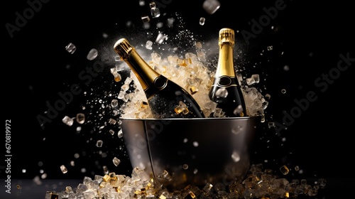 A dynamic photo of two champagne bottles in an ice bucket with flying ice cubes and a black background. photo