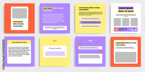 Clean minimal modern style of social media post banner layout template pack in purple, yellow, orange pastel color combination background.