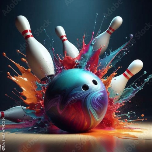 Bowling ball hitting pins with colourful splashing 