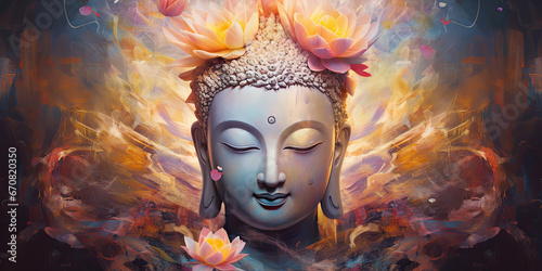 the glowing 3d buddha and flower with gold style on abstract background