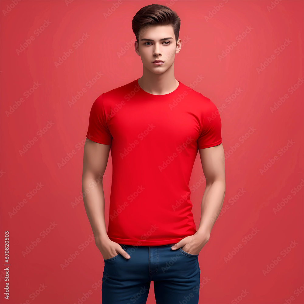 A young man model wearing a blank red t-shirt mock up.