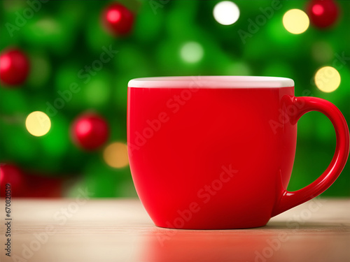 The empty red mug mock-up with beautiful blured bokeh Christmas atmosphere background for happy holiday xmas and new year festive