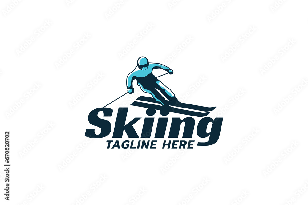 skiing logo with a combination of skier and futuristic lettering.