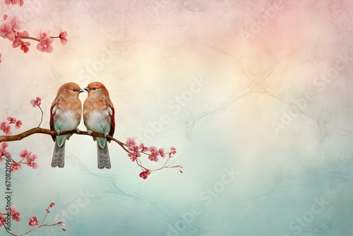 romantic background with a pair of love birds on the branches © JD