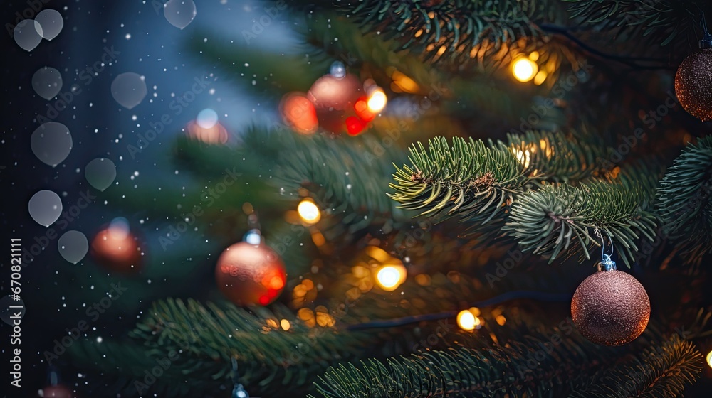 Close-up of lights on fir tree