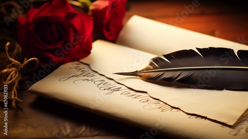 A feather quill pen and a love letter on a wooden table, surrounded by red roses. The concept is romance and nostalgia.
