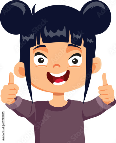 Little Girl Shows Positive Ok Gesture Vector Cartoon Character. Cheerful kid making an approval non-verbal sign 
