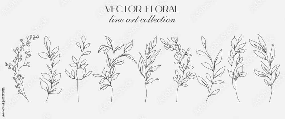 Set Of Plants, Flowers and Leaves Branches Line Art Drawing Black Sketch Isolated. Flowers One Line Illustration Collection for Minimalist Modern Design. Vector EPS 10 Set Of Plants, Flowers and Leaves Branches Line Art Drawing Black Sketch Isolated. Flowers One Line Illustration Collection for Minimalist Modern Design. Vector EPS 10