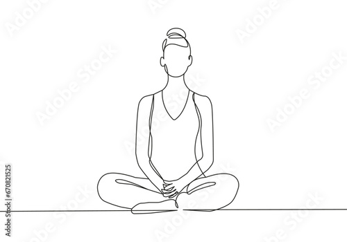 Woman Yoga Lotus Pose One Line Drawing. Female Sport Concept Minimalist Drawing. Yoga Meditation Line Art Modern Minimal Drawing Trendy Illustration Continuous Line Art. Vector EPS 10
