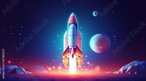 Rendering cartoon rocket launch to Space with colorful planet background. AI generated photo