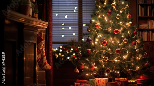 Close-up of lights on fir tree