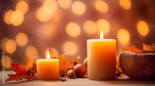 Candles and autumn leaves on a wooden table against a bokeh background. Thanksgiving