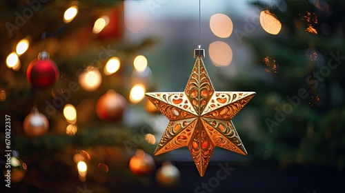 Close-up of star lights on fir tree