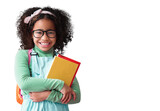 Isolated girl child, school books and portrait with smile, glasses or nerd by transparent png background. Happy student kid, notebook or excited for education, learning or development with backpack