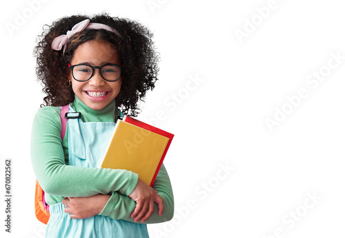 Isolated girl child, school books and portrait with smile, glasses or nerd by transparent png background. Happy student kid, notebook or excited for education, learning or development with backpack photo