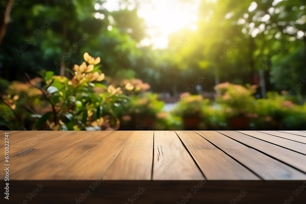 Wooden table top on blur green field background Wooden table top on blur green field background