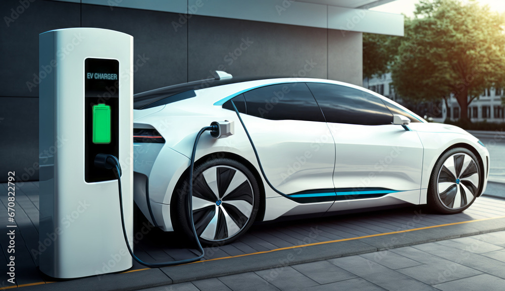 Fototapeta premium EV futuristic sport car charging with charger at electric charge station