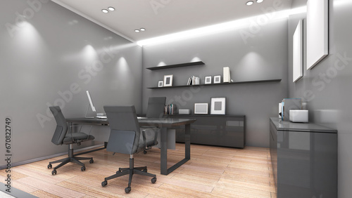 Company executive office Wooden floor  white walls and executive desk. 3d rendering
