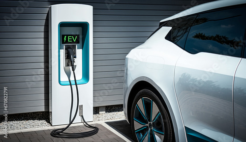 EV futuristic sport car charging with charger at electric charge station