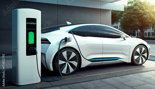 EV futuristic sport car charging with charger at electric charge station