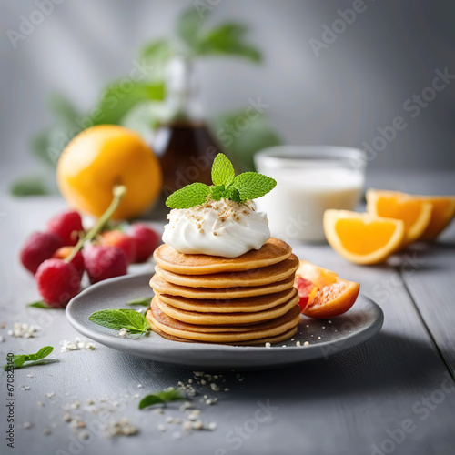 Tortitas crepes con crema y unas hojas de perejil en un plato en una mesa en la que hay también unas cerezas, naranjas y un vaso de leche  photo