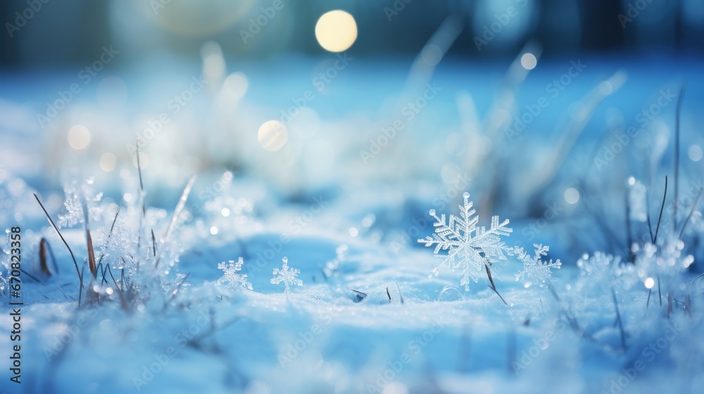 Winter scene showcasing the beauty of individual snowflakes against a dreamy blue background.
