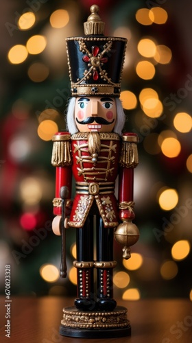 Traditional nutcracker figure in a soldier's uniform, standing with a festive backdrop.