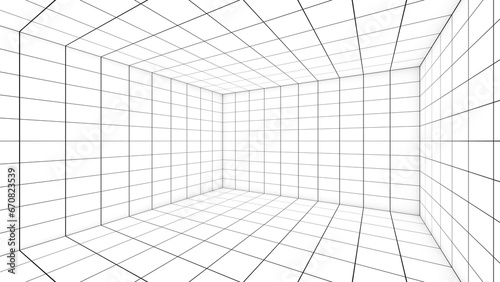 Fototapeta Naklejka Na Ścianę i Meble -  A grid of lines in an empty, white room serves as a visual cue. ,a space with a distance-measuring grid , a grid view,3d rendering