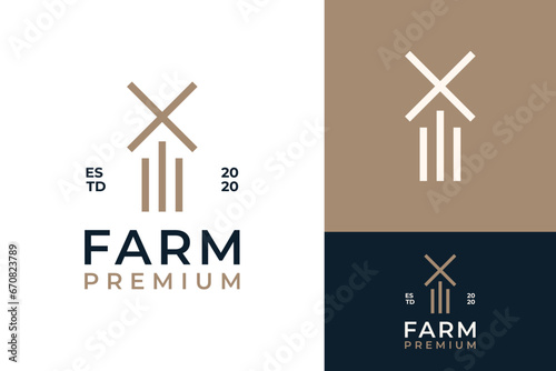 Simple Line Wind Mill Farm Tower Building Country Barn Wheat Flour Logo Design Branding Template