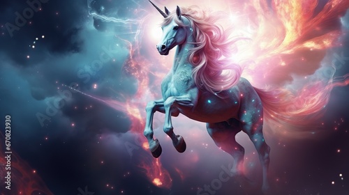 Realistic magical, mythical winged pegasus unicorn horse fantasy background. AI generated image