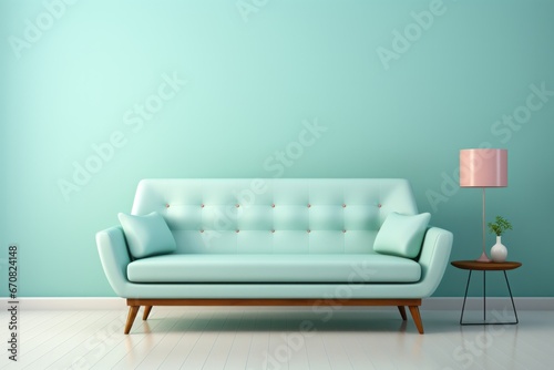 Minimalist sofa with a pale mint green upholstery, creating a refreshing and calming atmosphere, Generative AI