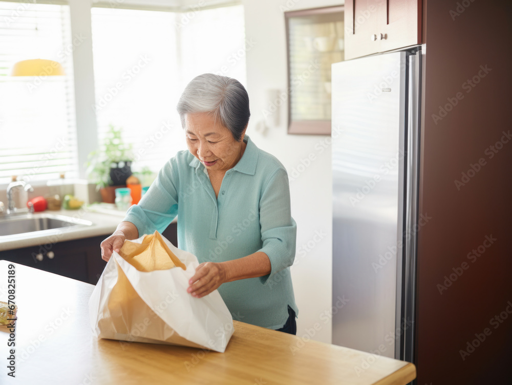 asian woman taking out food from bag asian woman taking out food from bag