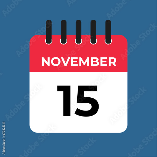 november 15 calendar reminder. 15 november daily calendar icon template. Calendar 15 november icon Design template. Vector illustration