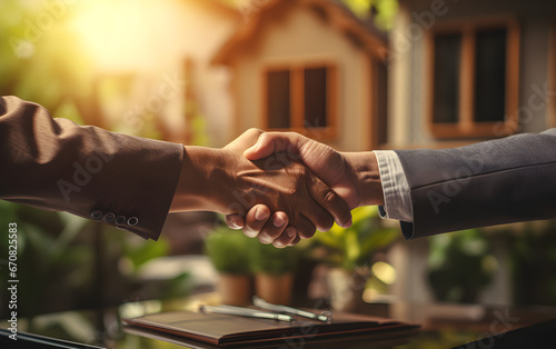 a buyer and an estate agent shaking hands after a successful deal,