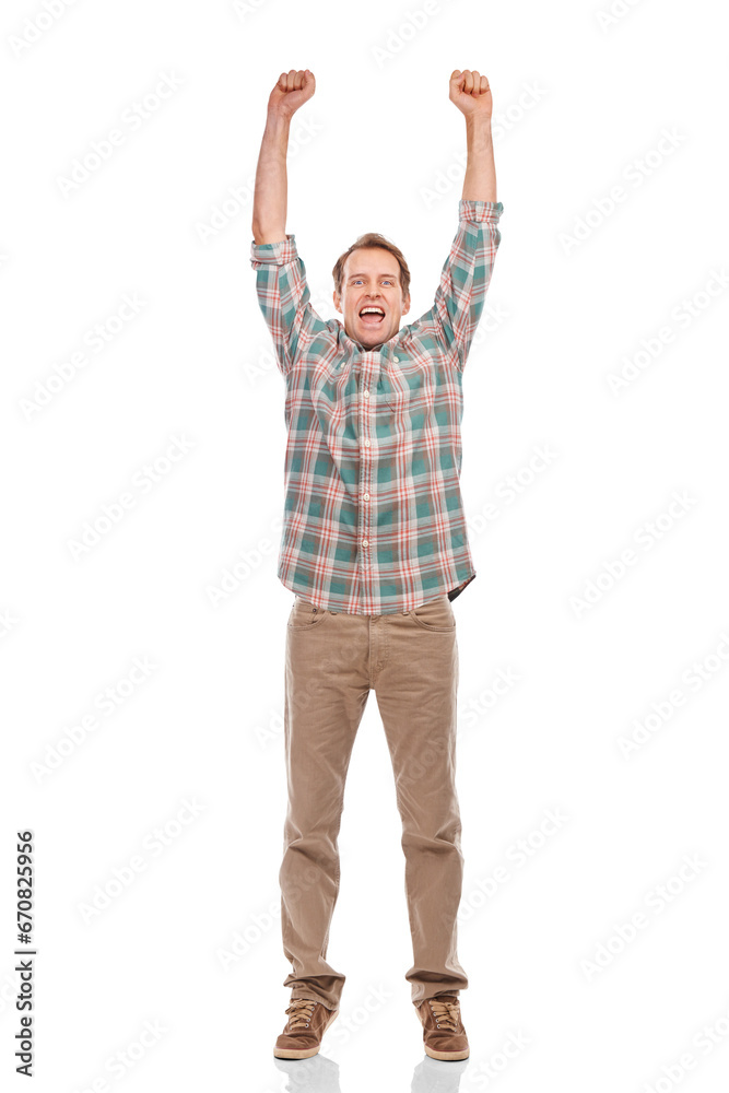 Celebration, excited winner and portrait of man with fist pump on isolated, png and transparent background. Success, cheering and male person with hands in air for good news, announcement and bonus Celebration, excited winner and portrait of man with fist pump on isolated, png and transparent background. Success, cheering and male person with hands in air for good news, announcement and bonus
