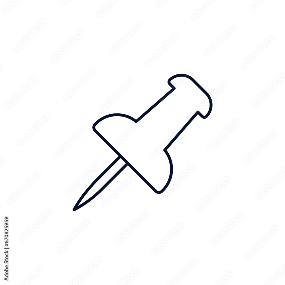 Push pin. Needle, pinned, attach, and note symbol. Vector linear icon isolated on white background. Push pin. Needle, pinned, attach, and note symbol. Vector linear icon isolated on white background.