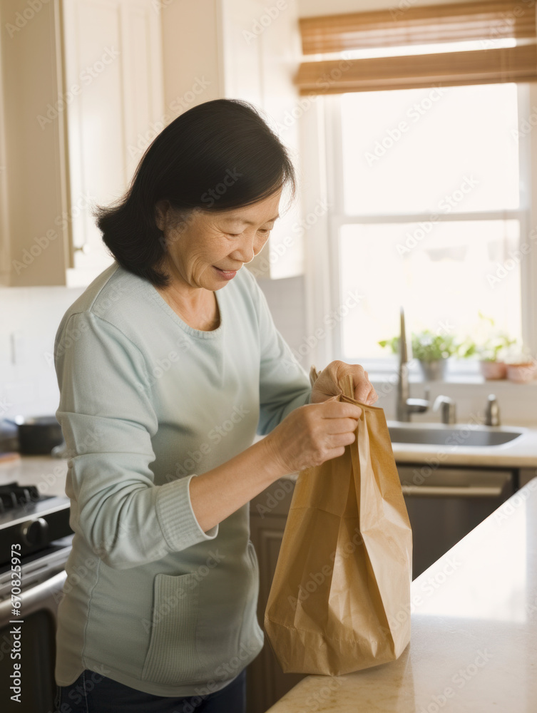 asian woman taking out food from bag