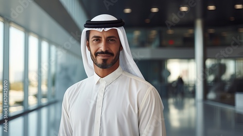 handsome man with dish dasha working in his business office of Dubai. Portraits of a successful businessman in traditional emirates white dress. © Kowit