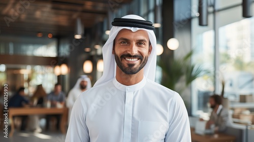 handsome man with dish dasha working in his business office of Dubai. Portraits of a successful businessman in traditional emirates white dress.