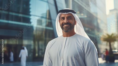 handsome man with dish dasha working in his business office of Dubai. Portraits of a successful businessman in traditional emirates white dress.