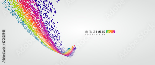 Countless colorful particles form a rainbow-shaped arrow, symbolizing rise and development, vector graphics.