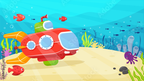 Underwater Submarine Along with Cute Fish and Octopus. Vector Cartoon Doodle Style