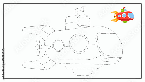Submarine Trace and Color Education For Kids. Vector Cartoon Doodle Style
