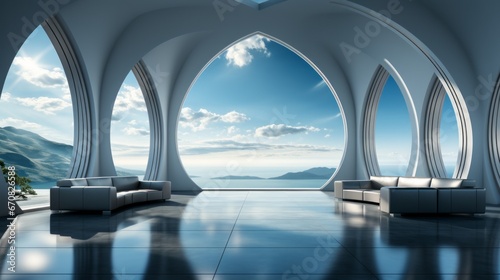 As the sky meets the sea through the arch of the window, the cloud-kissed horizon beckons with a mesmerizing panorama