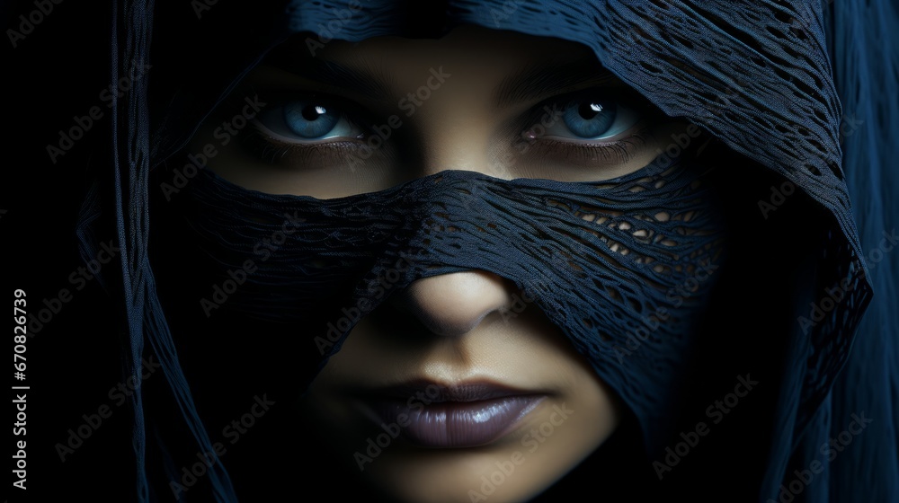 Enshrouded in mystery, the woman's eyes glimmered behind the black veil, her masquerade mask a symbol of secrecy and seduction