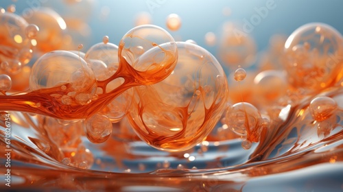 Vibrant orange bubbles dance in a sea of fluid  reflecting a wild and playful energy within the liquid s ever-changing spheres and drops