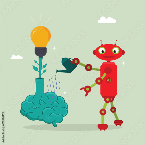 Modern robot artificial intelligence give water into brain and get idea, artificial intelligence enhance, ai human support concept