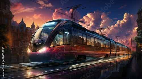 A train hurtles down the tracks under a colorful sunset sky, its reflection bouncing off the clouds above as it travels through the night, powered by the electricity of the railway